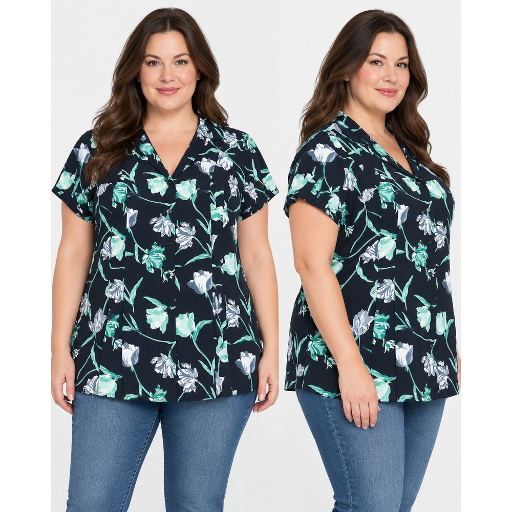 Croft & Barrow 1X NWT Blouse Black Floral Pintuck Button Front Short Sleeve Plus